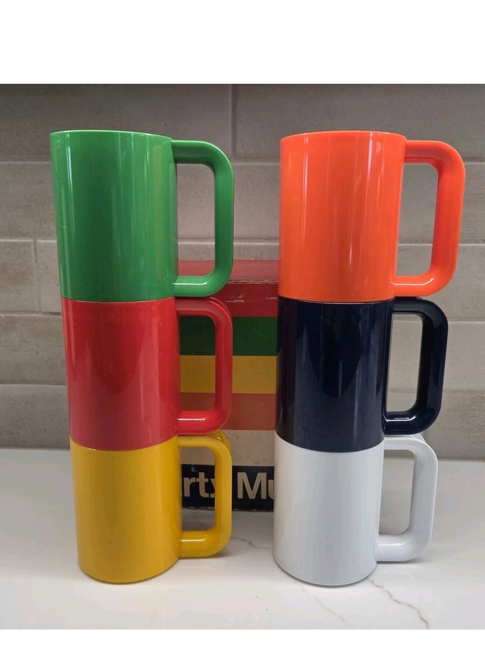 Vintage Set of 6 Ingrid Chicago Stacking Mugs MCM Rainbow Plastic Melamine Cups
